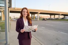 Erin Calder, l’autrice du guide, tient une carte du transport en commun ouverte à un arrêt d’autobus, près d’une large route du nord-ouest de la ville. L’image est générée par IA : c’est un personnage, et le lieu n’est pas le casino.