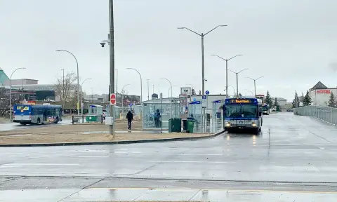 ETS buses at the West Edmonton Mall transit centre on a rainy day